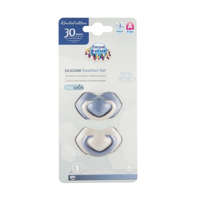 Canpol babies set symetrických silikonových dudlíků 6-18m PURE COLOR B > varianta modrý