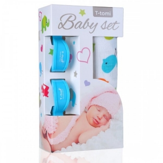 T-Tomi Baby set - bambusová osuška birds - ptáčci + kočárkový kolíček blue - modrý