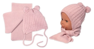 Zimní čepice na zavazování s bambulky + šál, Baby Nellys - pudrově růžová